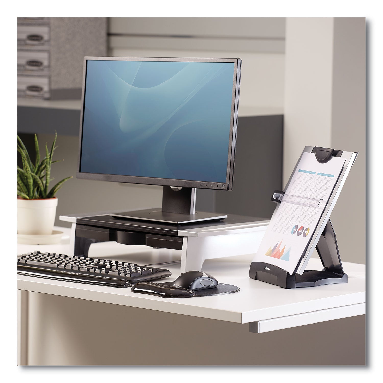 Office Suites Desktop Copyholder with Memo Board, 150 Sheet Capacity, Plastic, Black/Silver - 