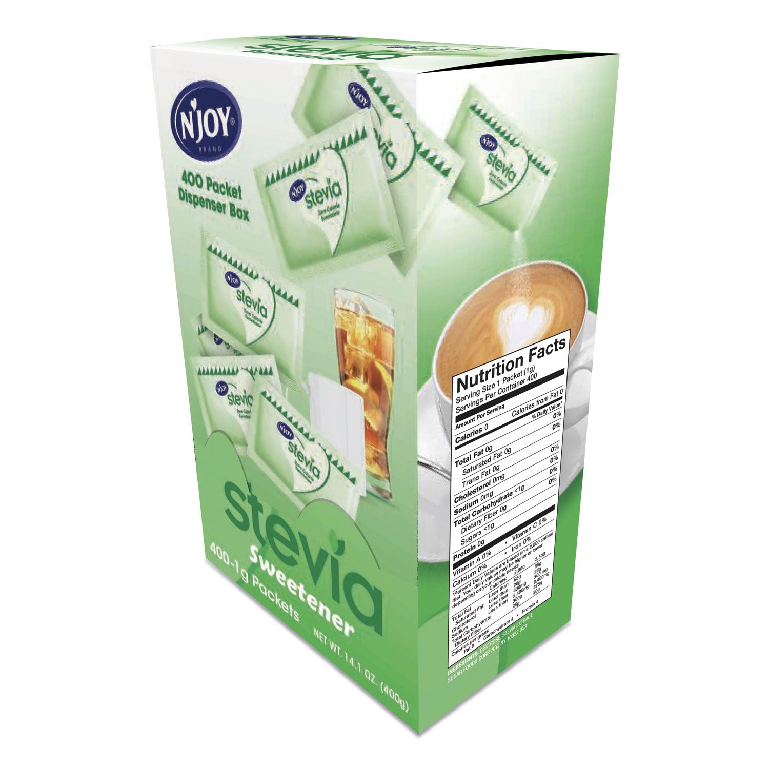 Njoy Green Stevia Sugar Substitute - 0.035 oz (1 g) - Stevia Flavor - 400/Box