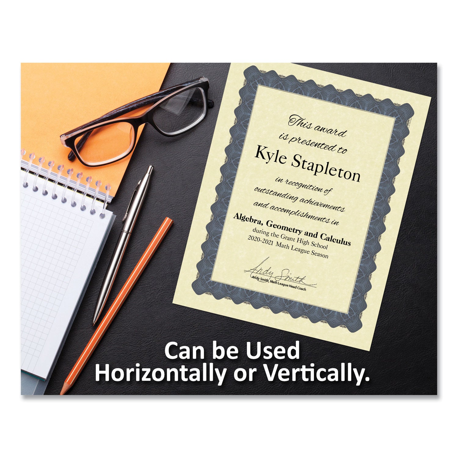 Metallic Border Certificates, 11 x 8.5, Ivory/Blue with Blue Border, 100/Pack