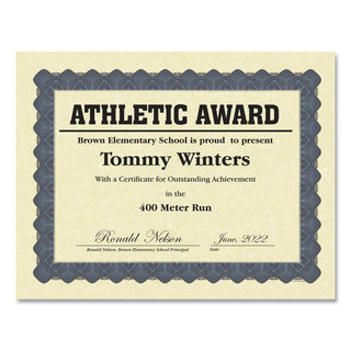 Metallic Border Certificates, 11 x 8.5, Ivory/Blue with Blue Border, 100/Pack