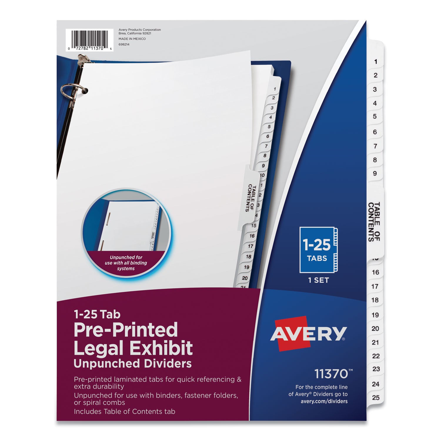 Preprinted Legal Exhibit Side Tab Index Dividers, Avery Style, 25-Tab, 1 to 25, 11 x 8.5, White, 1 Set - 