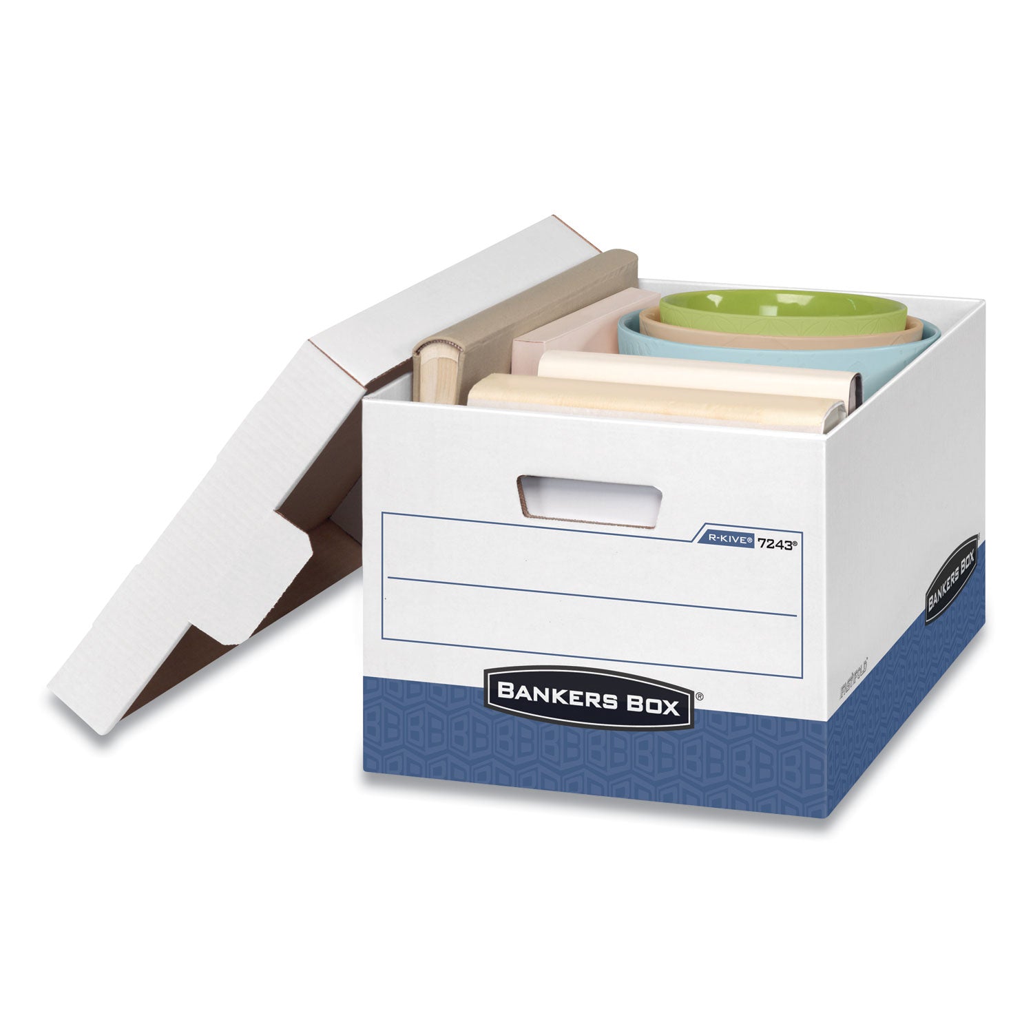 R-KIVE Heavy-Duty Storage Boxes, Letter/Legal Files, 12.75" x 16.5" x 10.38", White/Blue, 4/Carton - 
