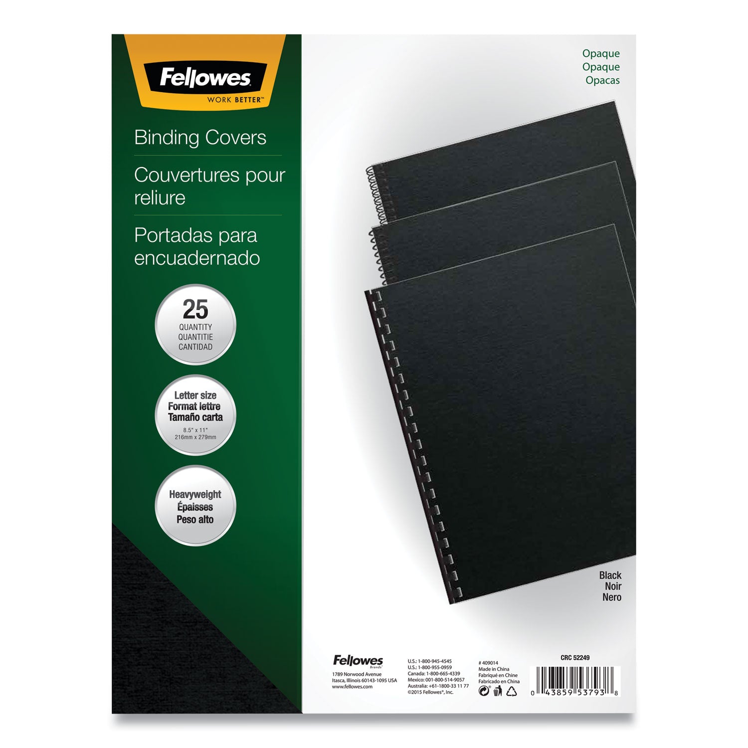 Futura Presentation Covers for Binding Systems, Opaque Black, 11 x 8.5, Unpunched, 25/Pack - 