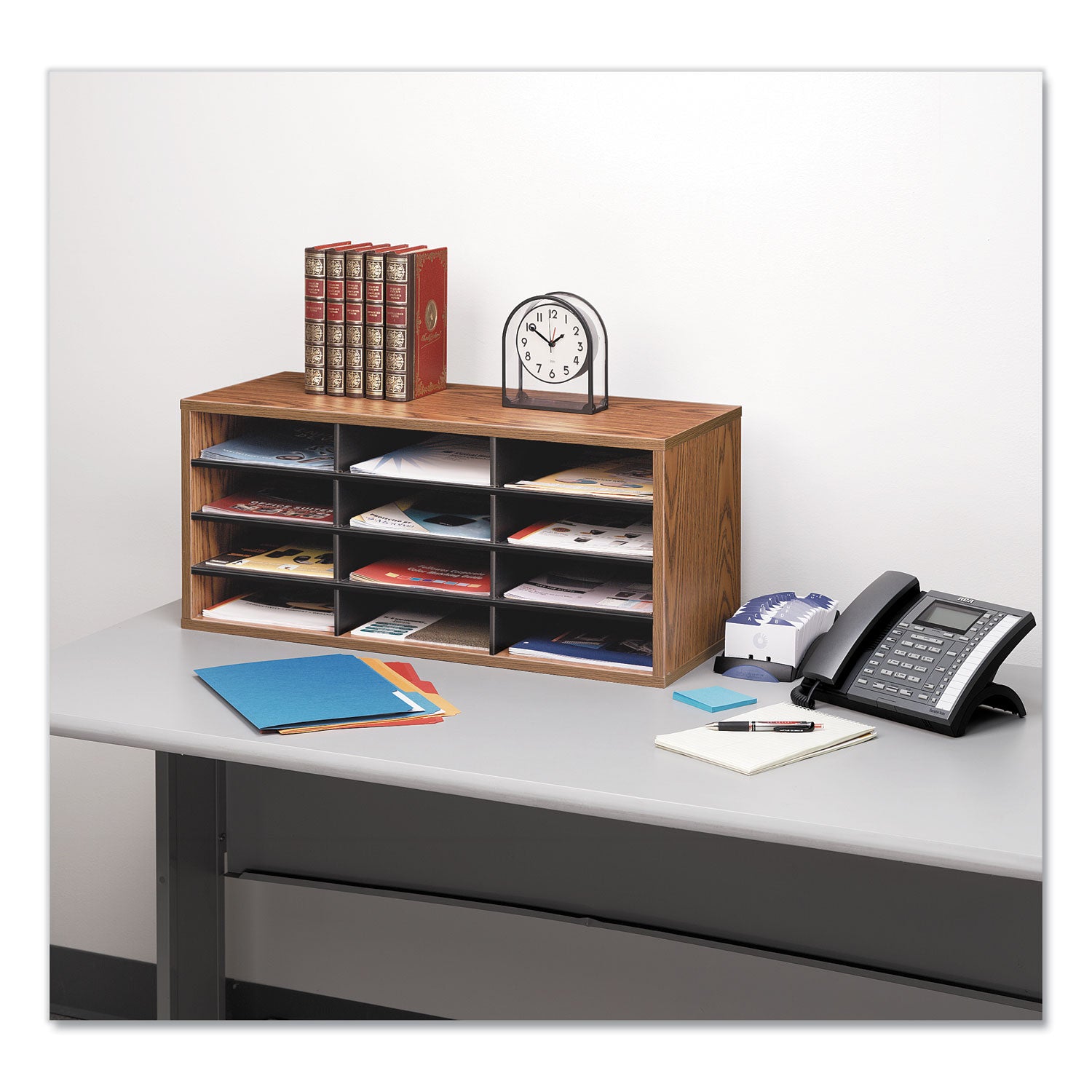 Particle Board Desktop Sorter, 12 Compartments, 29 x 11.88 x 12.94, Medium Oak - 