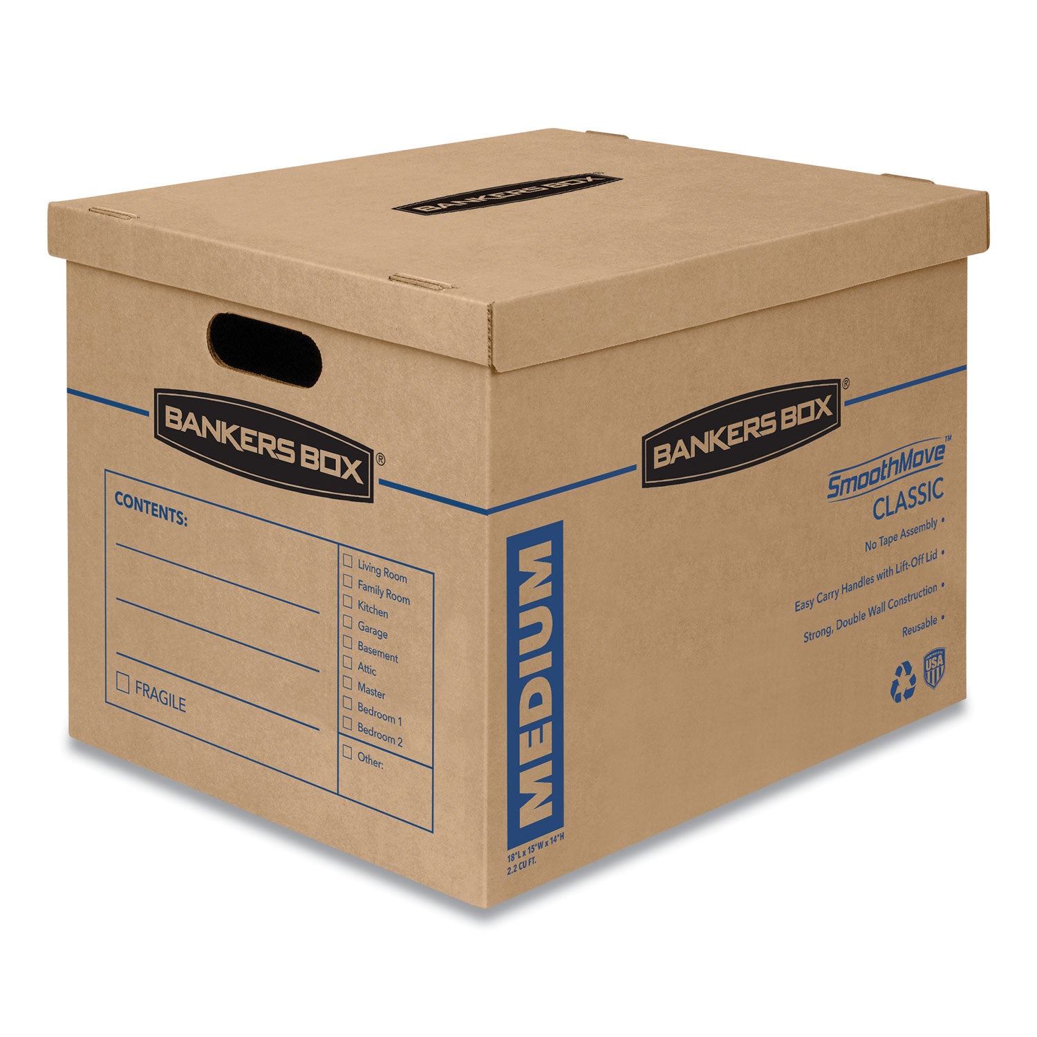 SmoothMove Classic Moving/Storage Boxes, Half Slotted Container (HSC), Medium, 15" x 18" x 14", Brown/Blue, 8/Carton - 