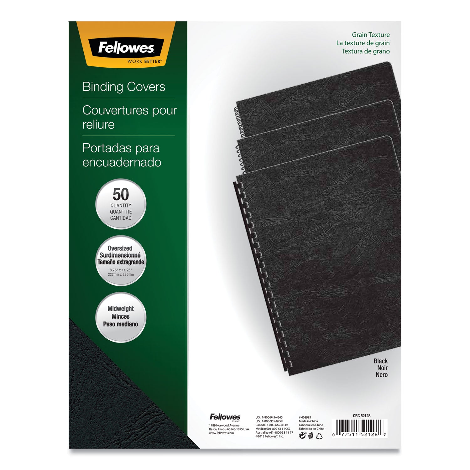 Expressions Classic Grain Texture Presentation Covers for Binding Systems, Black, 11.25 x 8.75, Unpunched, 200/Pack - 
