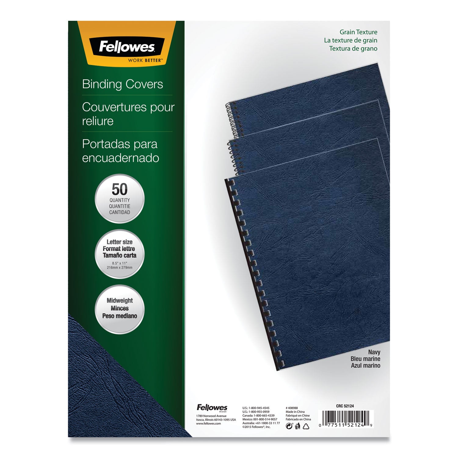 Classic Grain Texture Binding System Covers, 11 x 8.5, Navy, 50/Pack - 