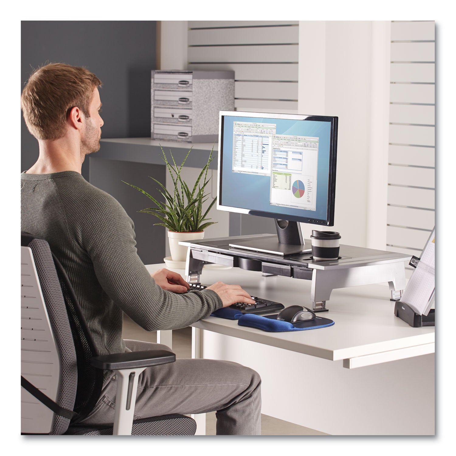 Office Suites Premium Monitor Riser, 27" x 14" x 4" to 6.5", Black/Silver