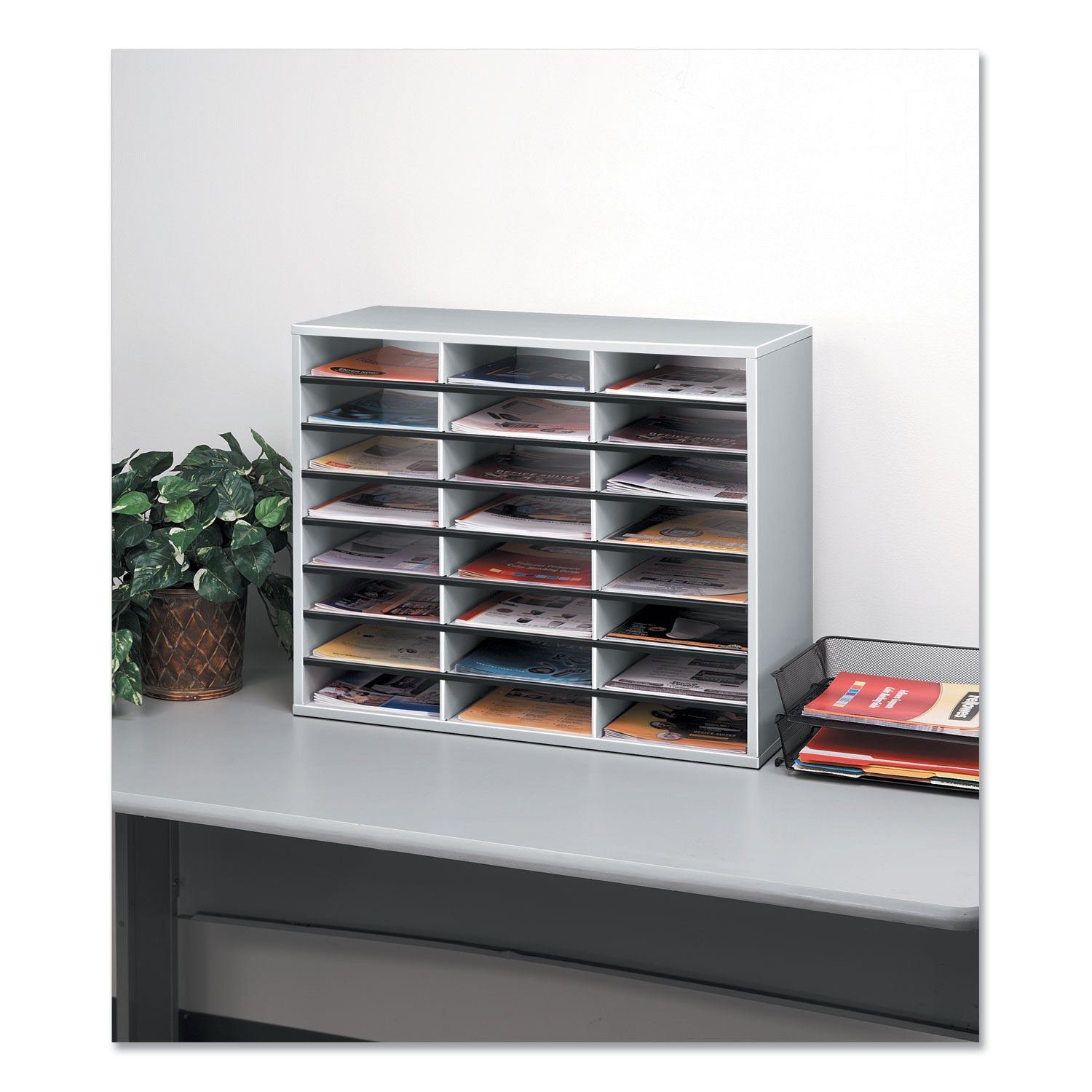 Literature Organizer, 24 Letter Compartments, 29 x 11.88 x 23.44, Dove Gray - 