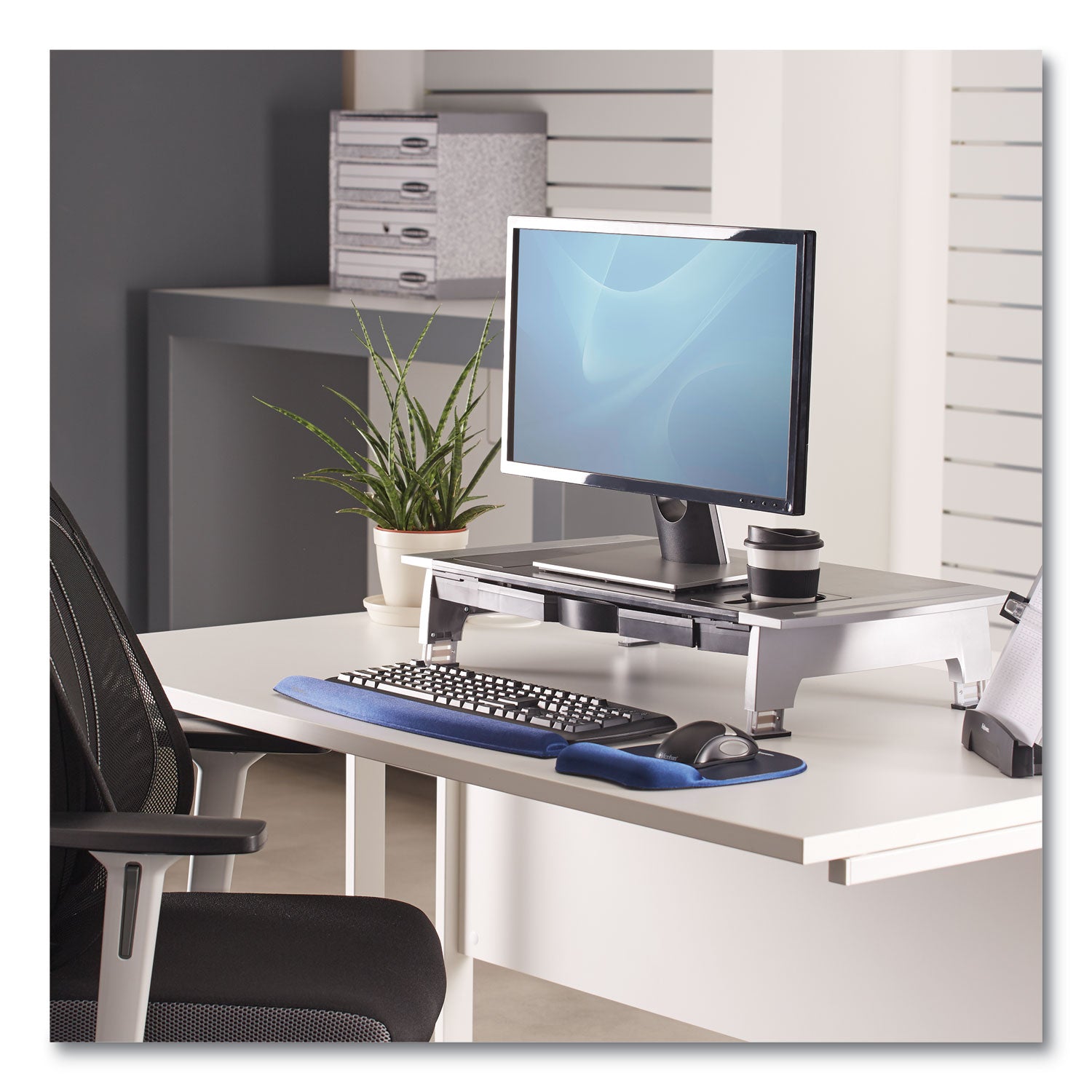 Office Suites Premium Monitor Riser, 27" x 14" x 4" to 6.5", Black/Silver