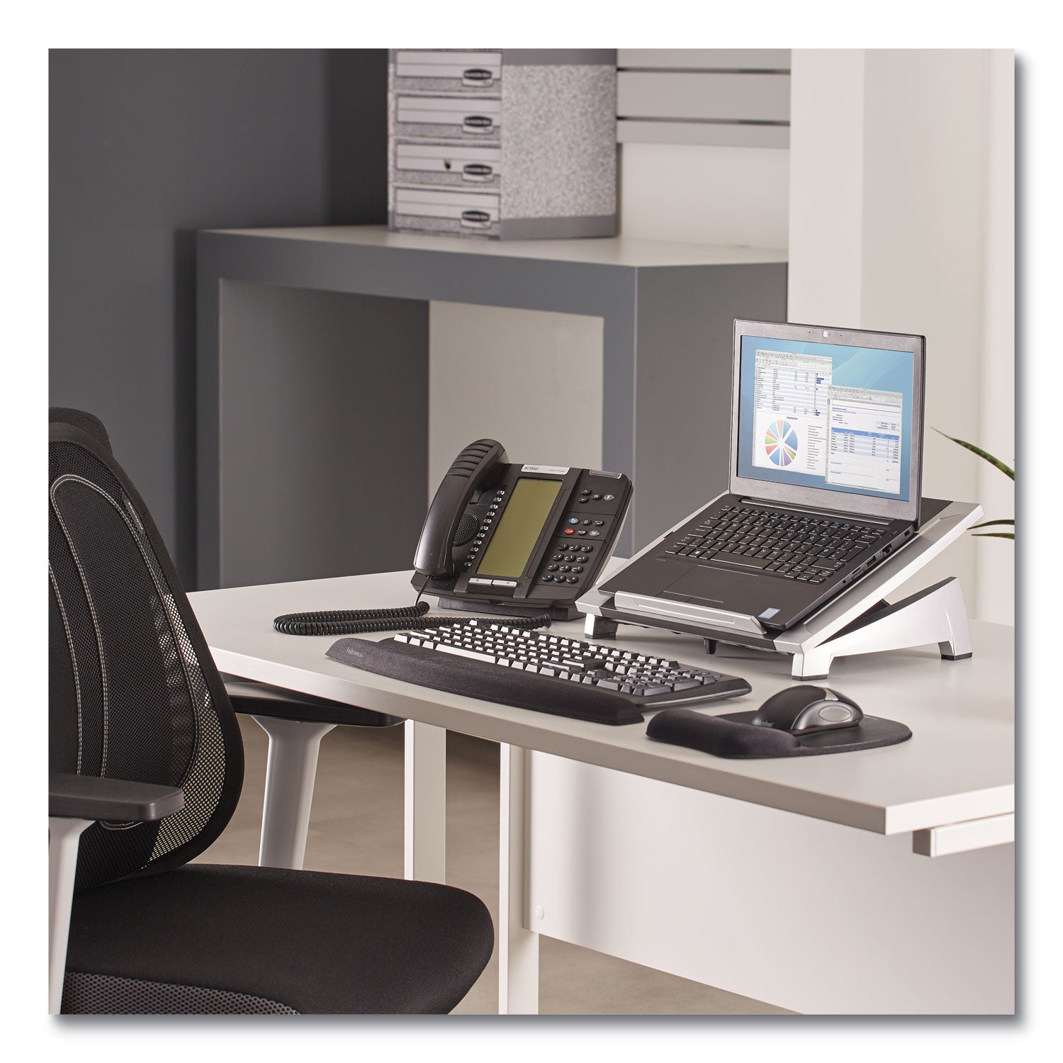 Office Suites Laptop Riser, 15.13" x 11.38" x 4.5" to 6.5", Black/Silver, Supports 10 lbs - 