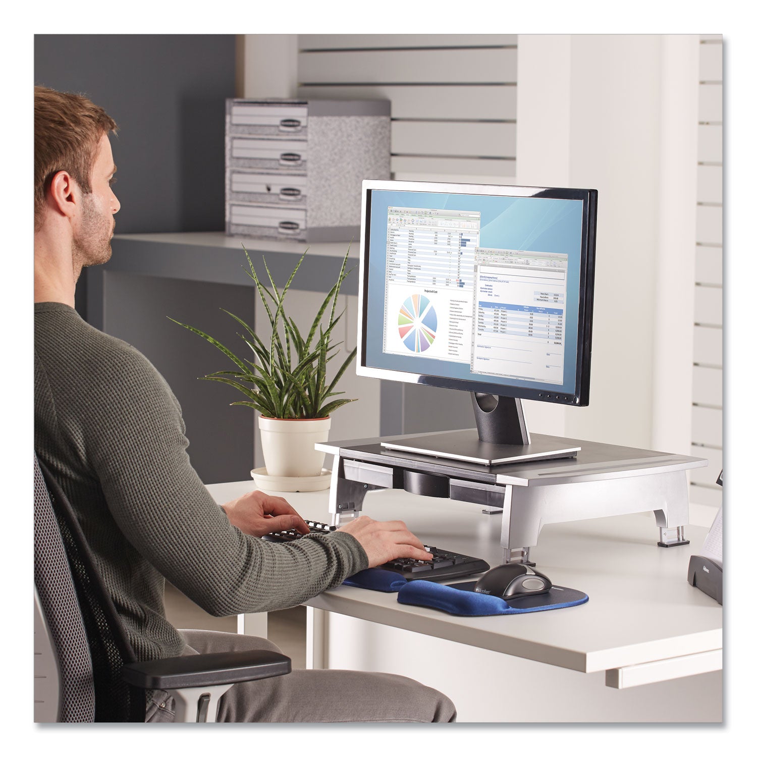 Office Suites Standard Monitor Riser, For 21" Monitors, 19.78" x 14.06" x 4" to 6.5", Black/Silver, Supports 80 lbs - 