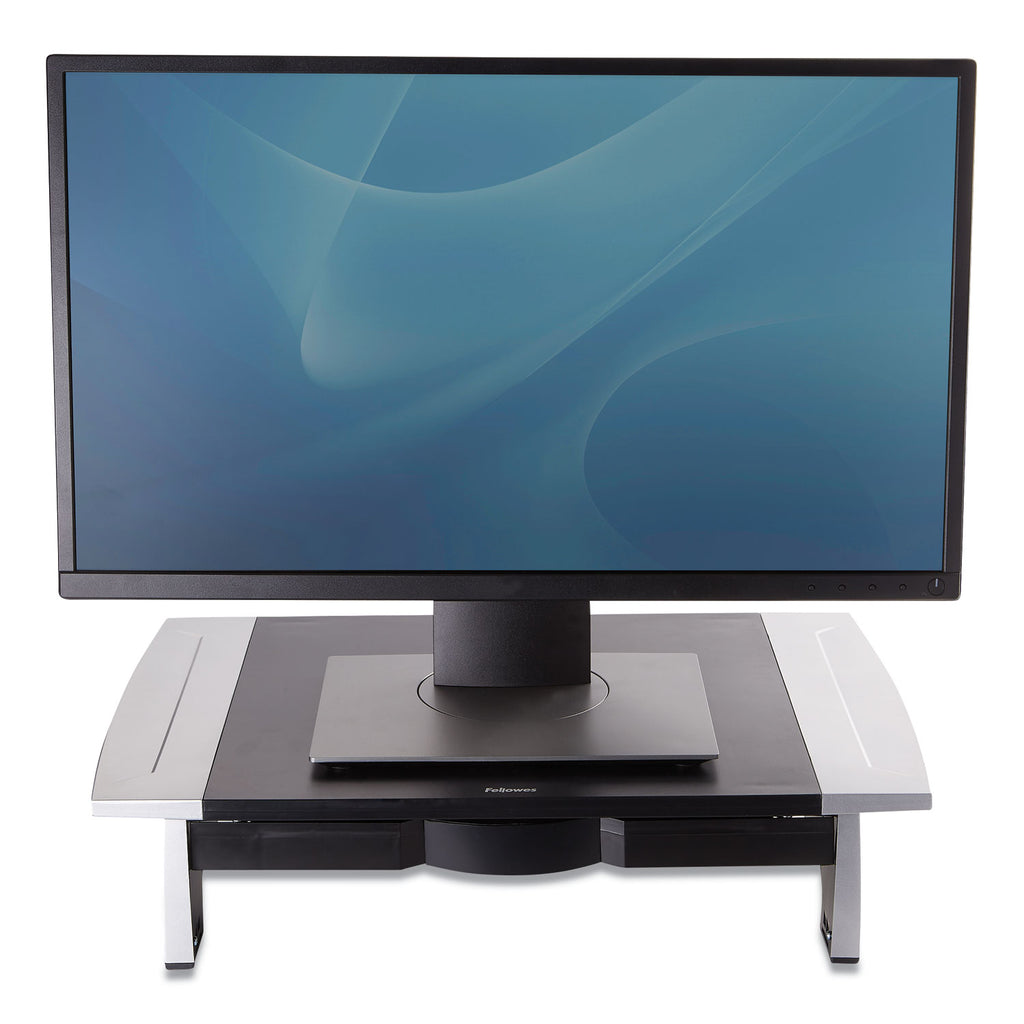 Office Suites Standard Monitor Riser, For 21" Monitors, 19.78" x 14.06" x 4" to 6.5", Black/Silver, Supports 80 lbs - 