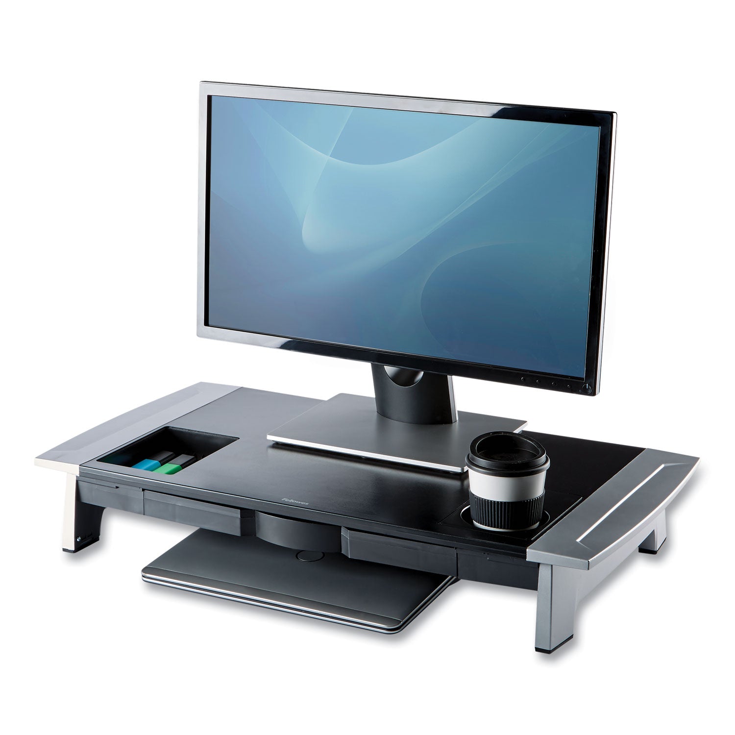 Office Suites Premium Monitor Riser, 27" x 14" x 4" to 6.5", Black/Silver