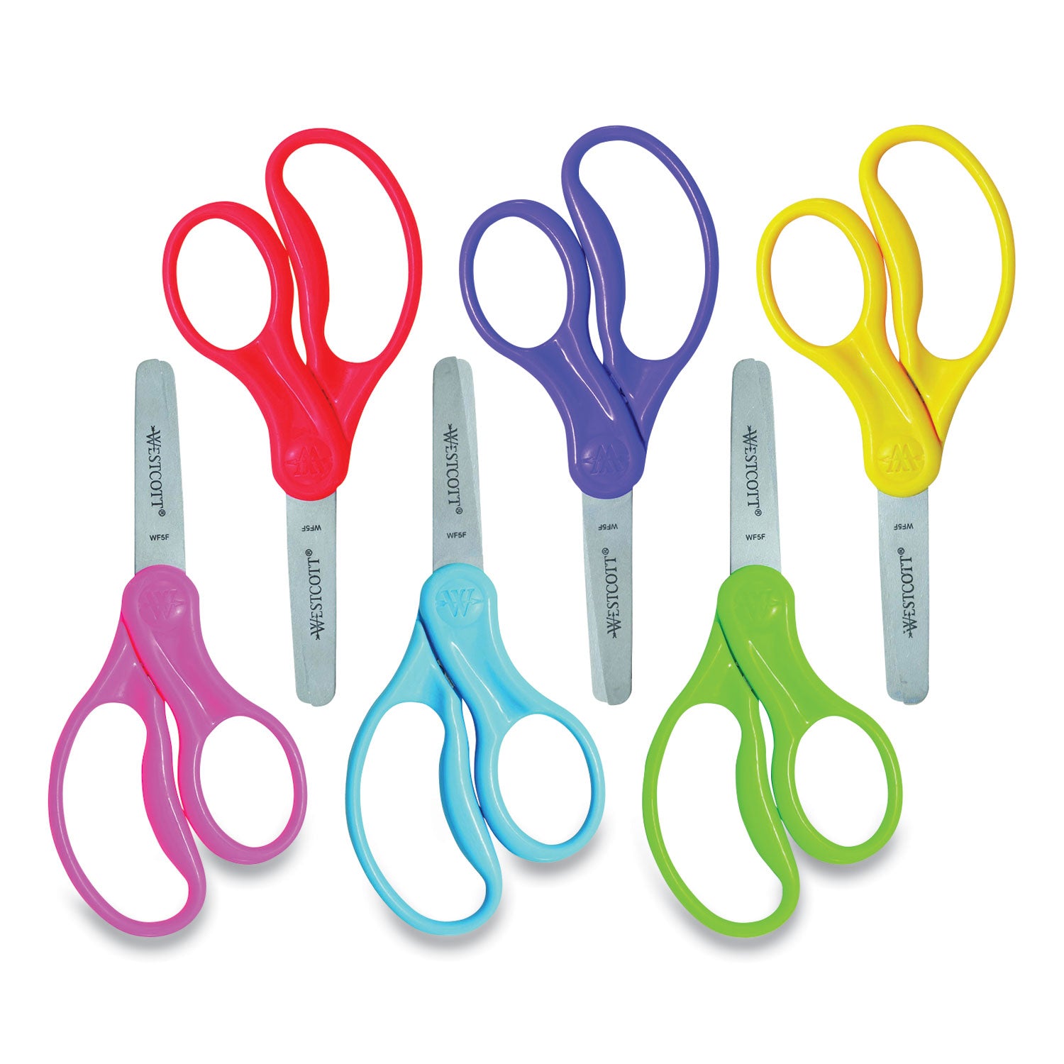 For Kids Scissors, Blunt Tip, 5" Long, 1.75" Cut Length, Assorted Bent Handles, 6/Pack