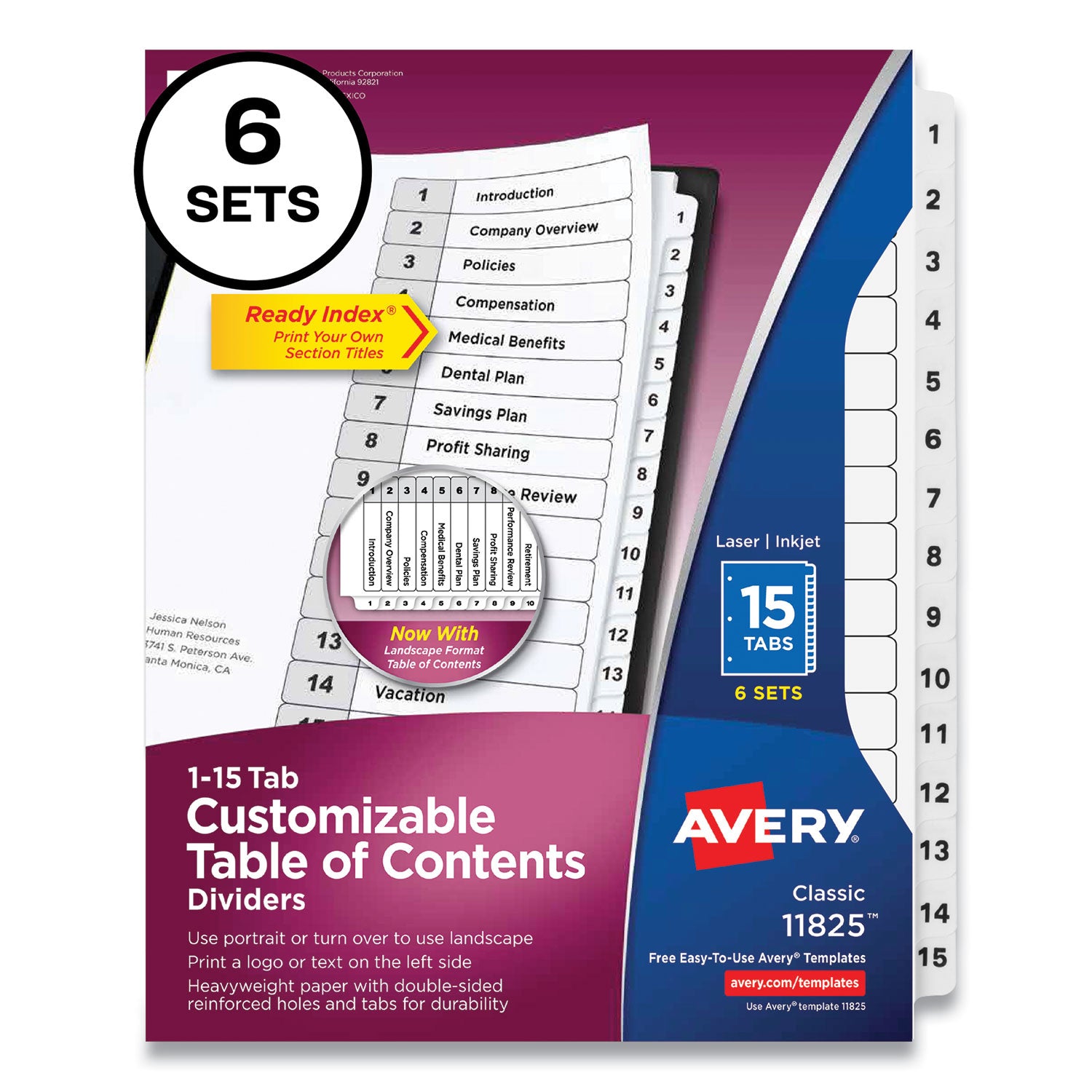 Customizable Table of Contents Ready Index Black and White Dividers, 15-Tab, 1 to 15, 11 x 8.5, White, 6 Sets - 1