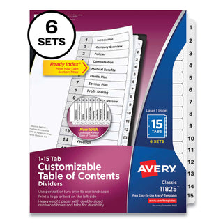 Customizable Table of Contents Ready Index Black and White Dividers, 15-Tab, 1 to 15, 11 x 8.5, White, 6 Sets - 1