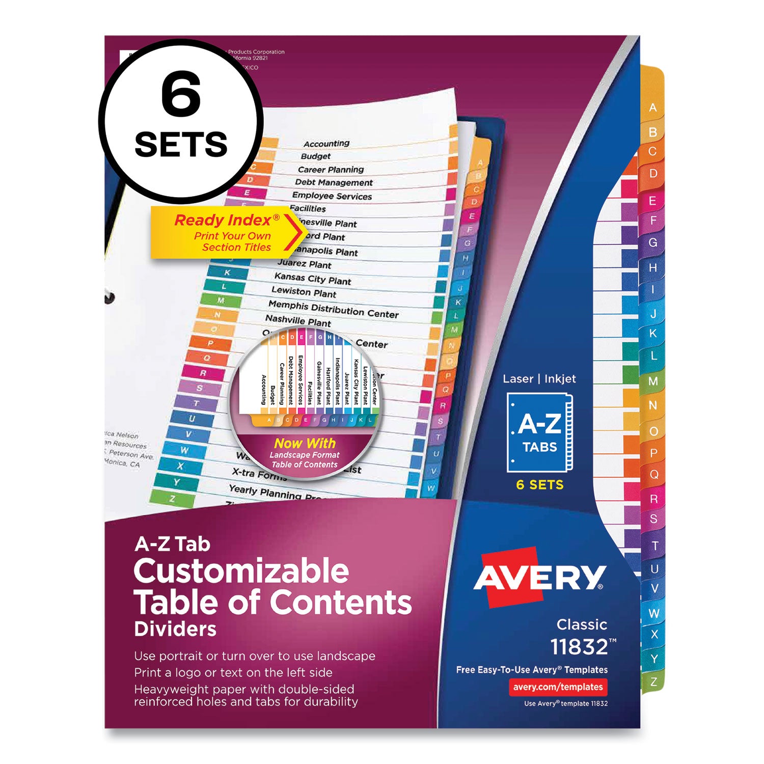 Avery A-Z Customizable Multicolor TOC Dividers - 156 x Divider(s) - A-Z, Table of Contents - 26 Tab(s)/Set - 8.5" Divider Width x 11" Divider Length - 3 Hole Punched - White Paper Divider - Multicolor Paper Tab(s) - 6 / Pack - 1