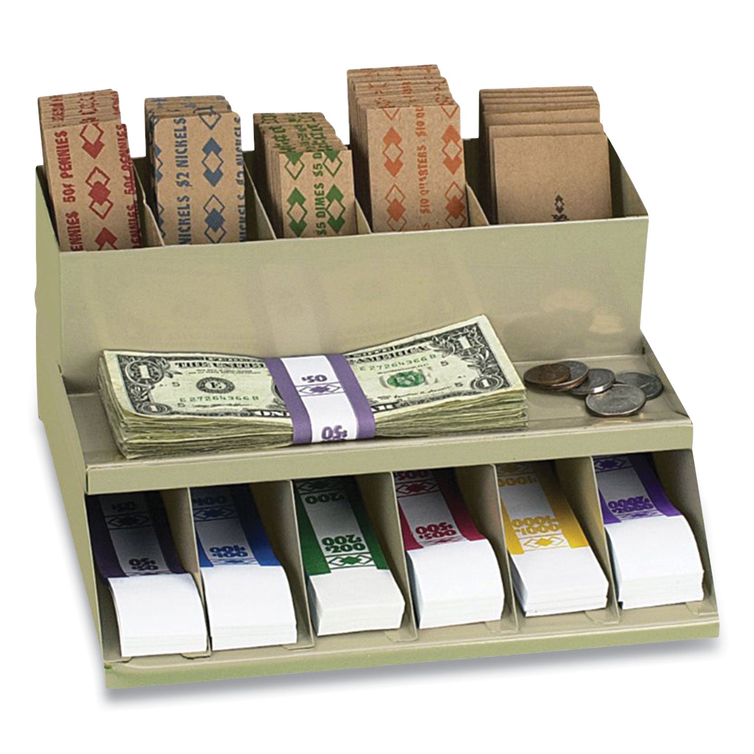 coin-wrapper-and-bill-strap-2-tier-rack-11-compartments-938-x-813-463-plastic-pebble-beige_cnk500013 - 2