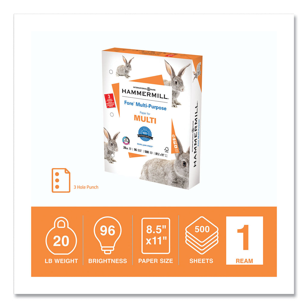 Fore Multipurpose Print Paper, 96 Bright, 3-Hole, 20 lb Bond Weight, 8.5 x 11, White, 500 Sheets/Ream