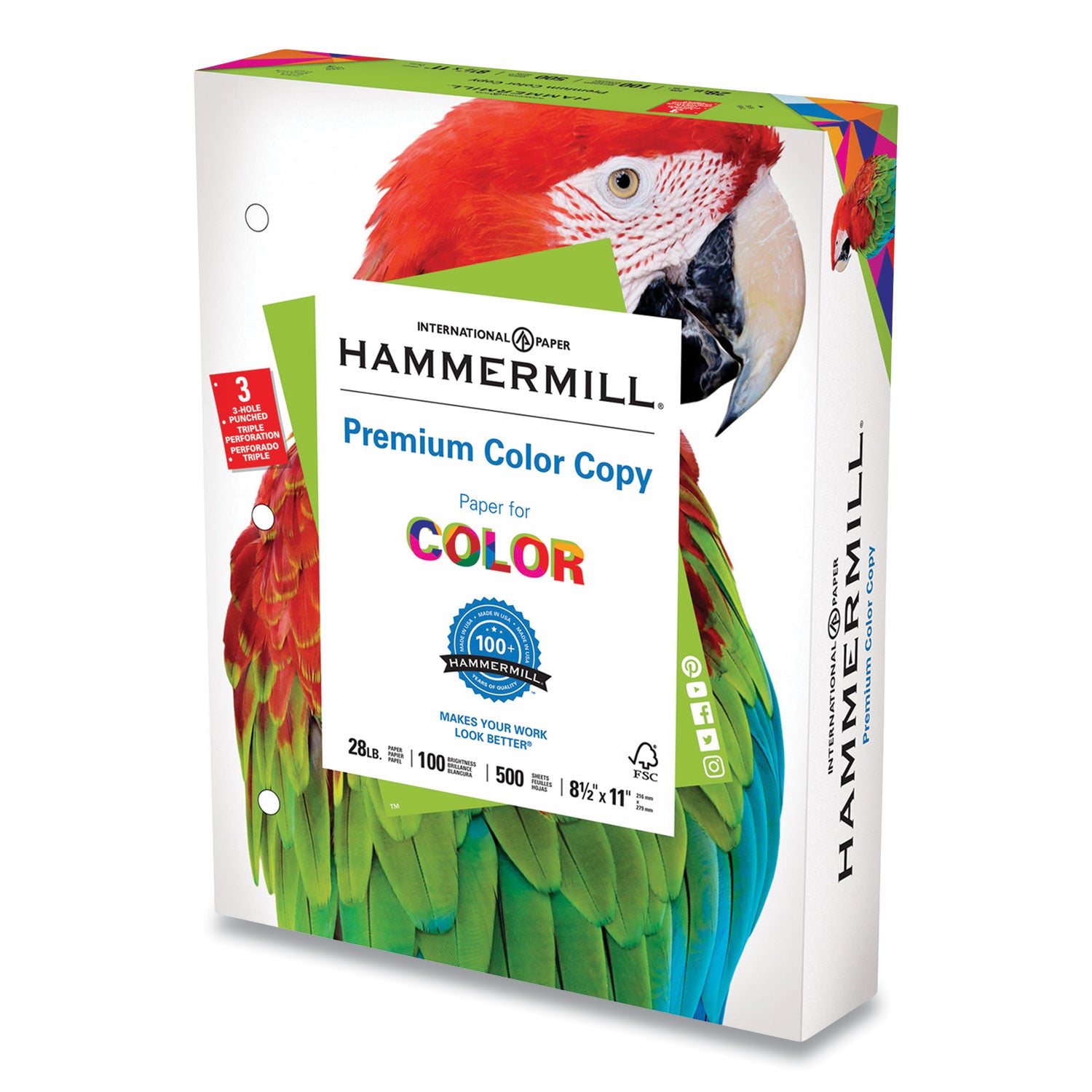 premium-color-copy-print-paper-100-bright-3-hole-28-lb-bond-weight-85-x-11-photo-white-500-sheets-ream-8-reams-carton_ham102500 - 1