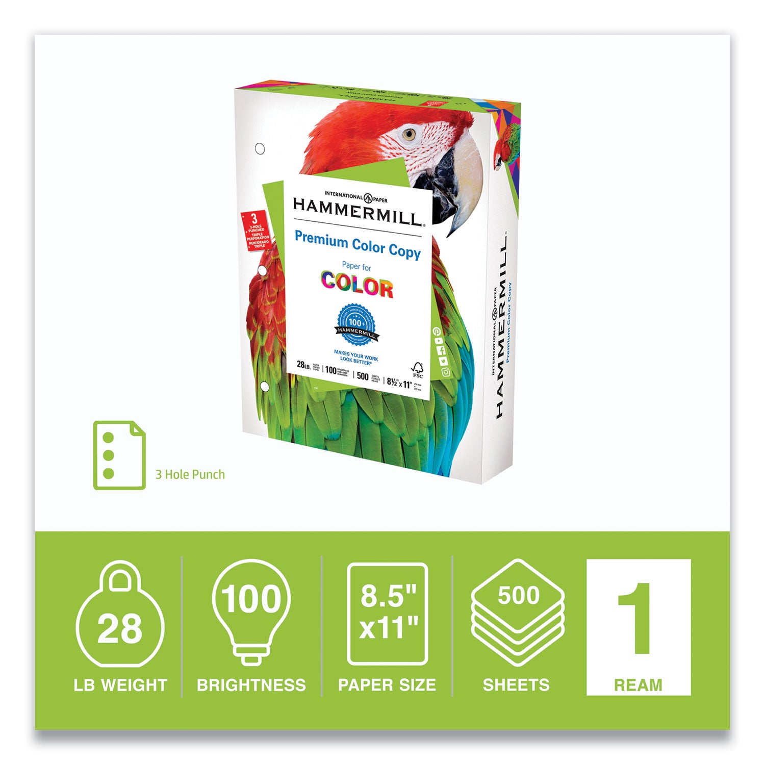 Premium Color Copy Print Paper, 100 Bright, 3-Hole, 28 lb Bond Weight, 8.5 x 11, Photo White, 500 Sheets/Ream, 8 Reams/Carton