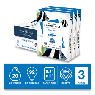 Copy Plus Print Paper, 92 Bright, 20 lb Bond Weight, 8.5 x 11, White, 500 Sheets/Ream, 3 Reams/Carton