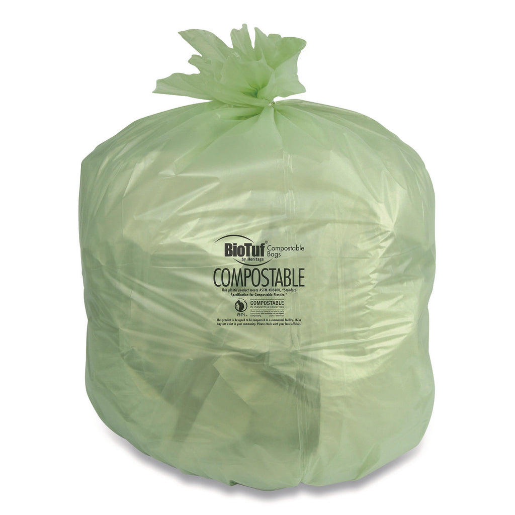 Biotuf Compostable Can Liners, 60 to 64 gal, 1 mil, 47" x 60", Green, 20 Bags/Roll, 5 Rolls/Carton