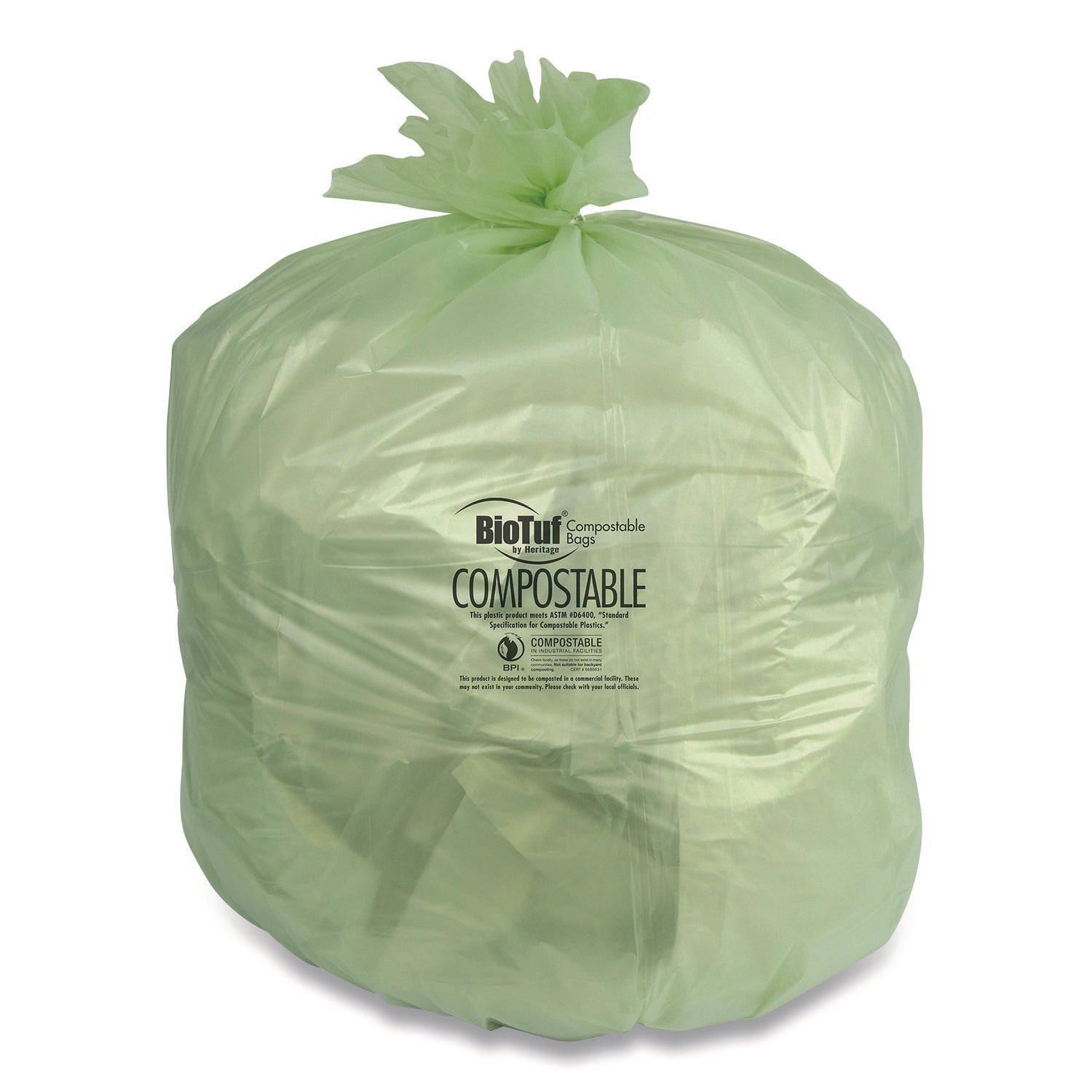 Biotuf Compostable Can Liners, 64 gal, 0.8 mil, 47" x 60", Green, 25 Bags/Roll, 5 Rolls/Carton