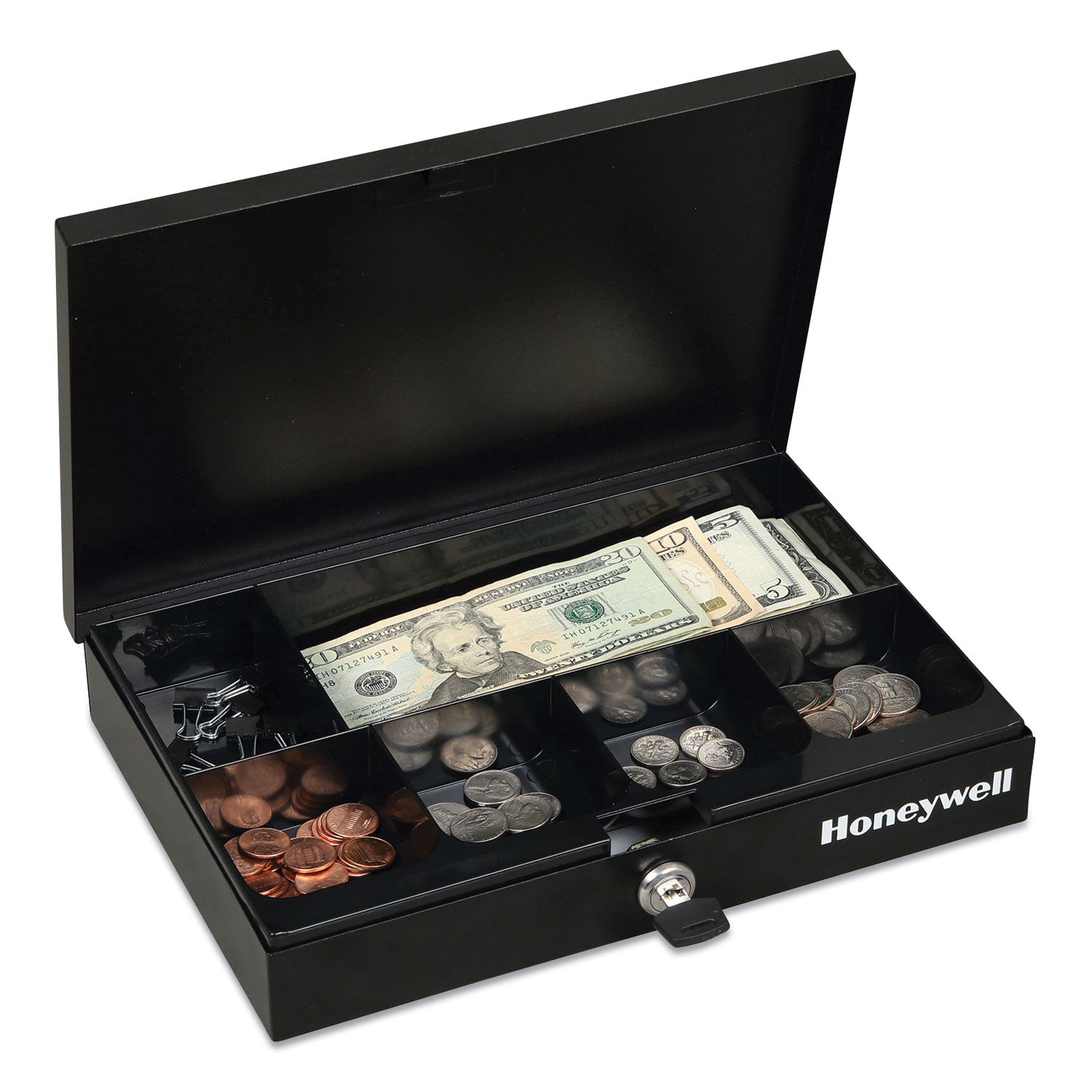 Low Profile Cash Box,1 Bill, 5 Coin Slots, Key Lock, 11.6 x 8 x 1.9, Steel, Black