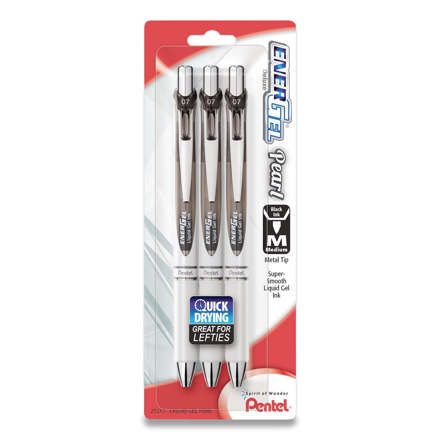 EnerGel Pearl Gel Pen, Retractable, Medium 0.7 mm, Black Ink, White/Black Barrel, 3/Pack