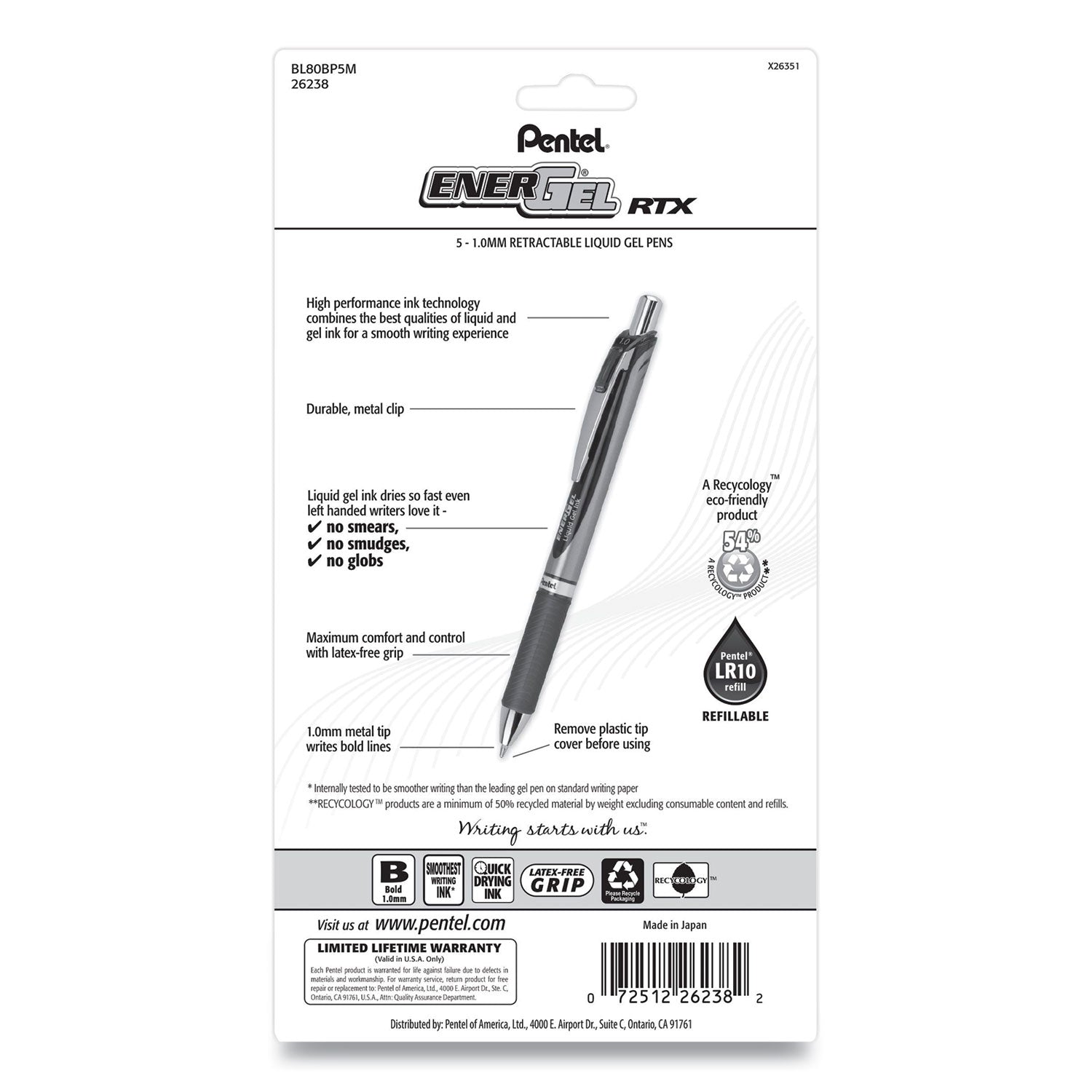 EnerGel RTX Gel Pen, Retractable, Bold 1 mm, Assorted Ink and Barrel Colors, 5/Pack