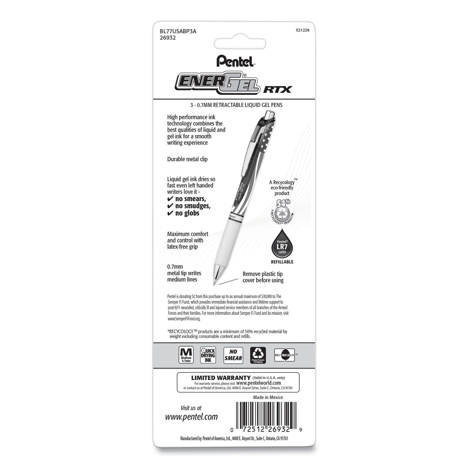 EnerGel RTX Stars and Stripes Gel Pen, Retractable, Medium 0.7 mm, Black Ink, Red/White/Blue Barrel, 3/Pack