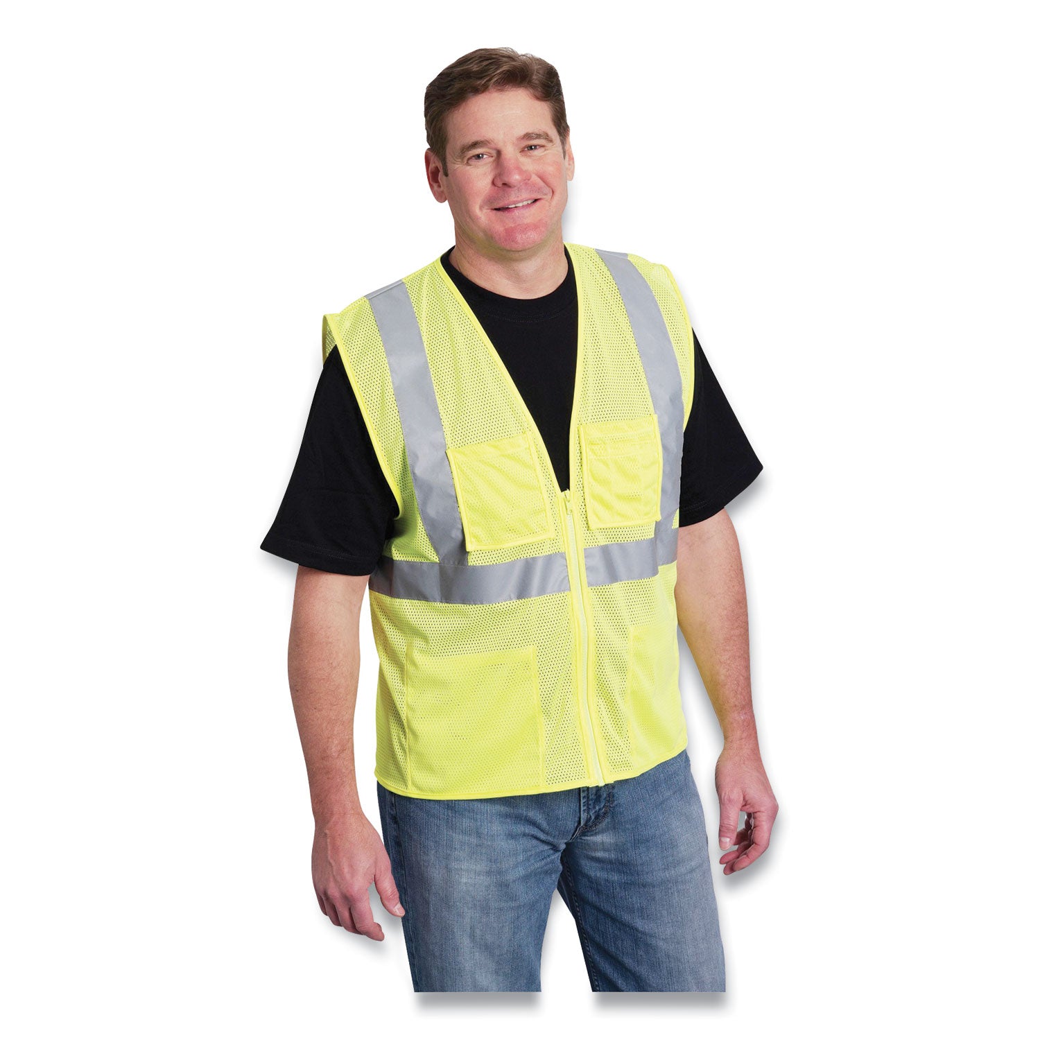 ANSI Class 2 Four Pocket Zipper Safety Vest, Polyester Mesh, 4X-Large, Hi-Viz Lime Yellow
