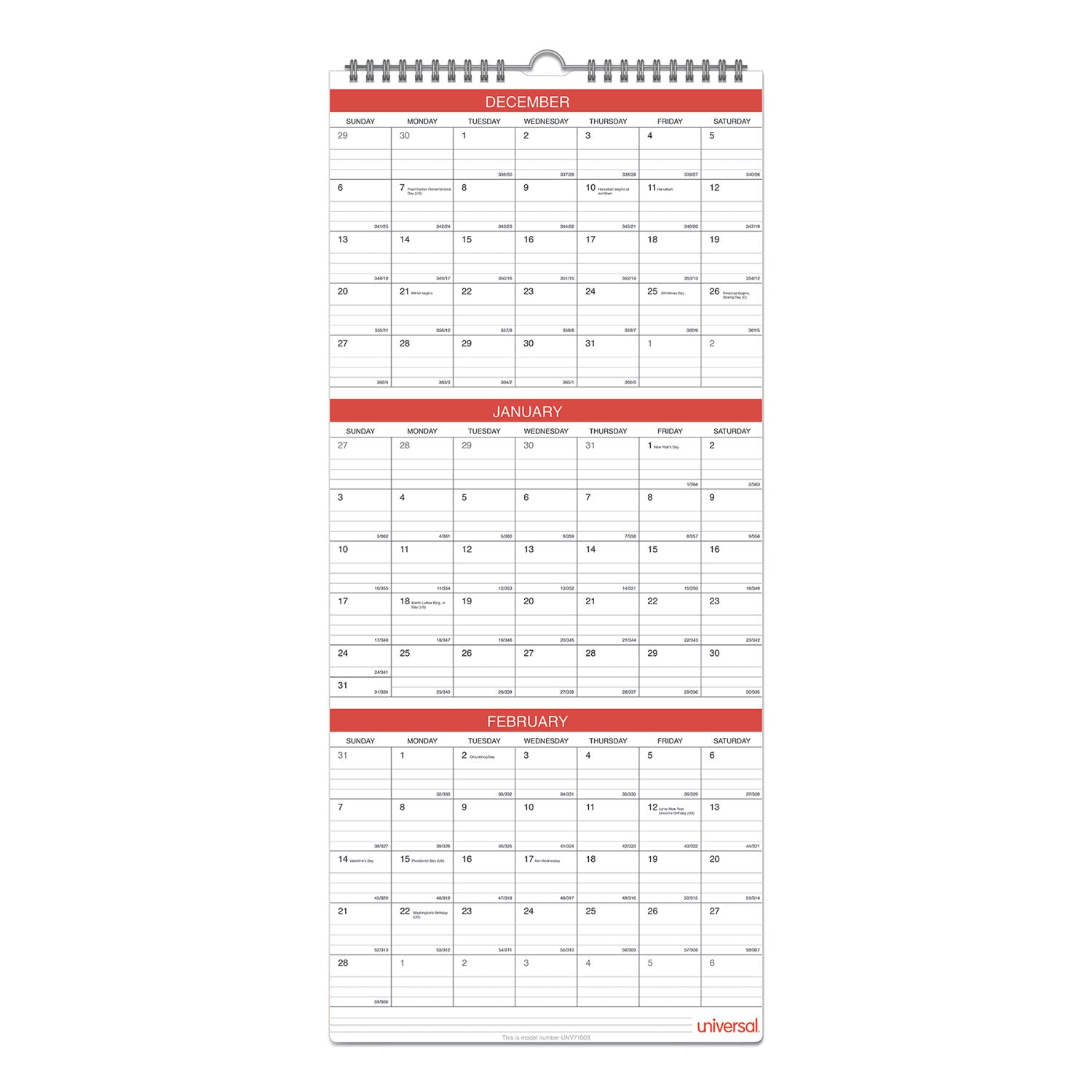 Three-Month Wall Calendar, 12 x 27, White/Black/Red Sheets, 14-Month, Dec 2023 to Jan 2025