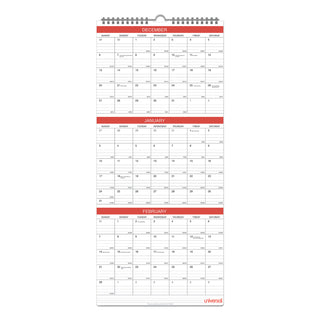 Three-Month Wall Calendar, 12 x 27, White/Black/Red Sheets, 14-Month, Dec 2023 to Jan 2025