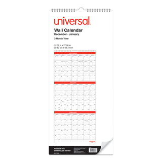 Three-Month Wall Calendar, 12 x 27, White/Black/Red Sheets, 14-Month, Dec 2023 to Jan 2025