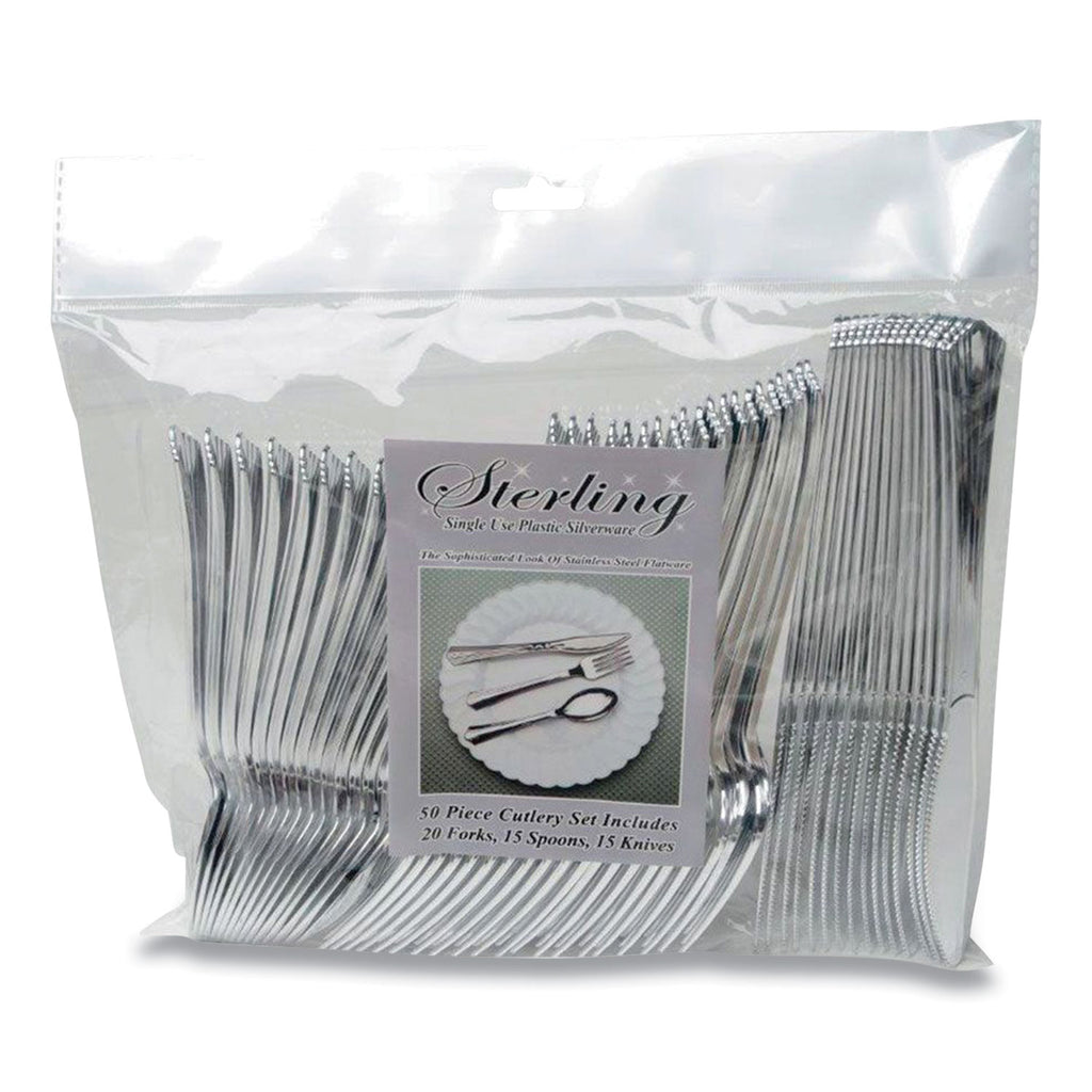 Sterling Assorted Plastic Cutlery, Mediumweight, Silver, 20 Forks, 15 Knives, 15 Spoons/Pack