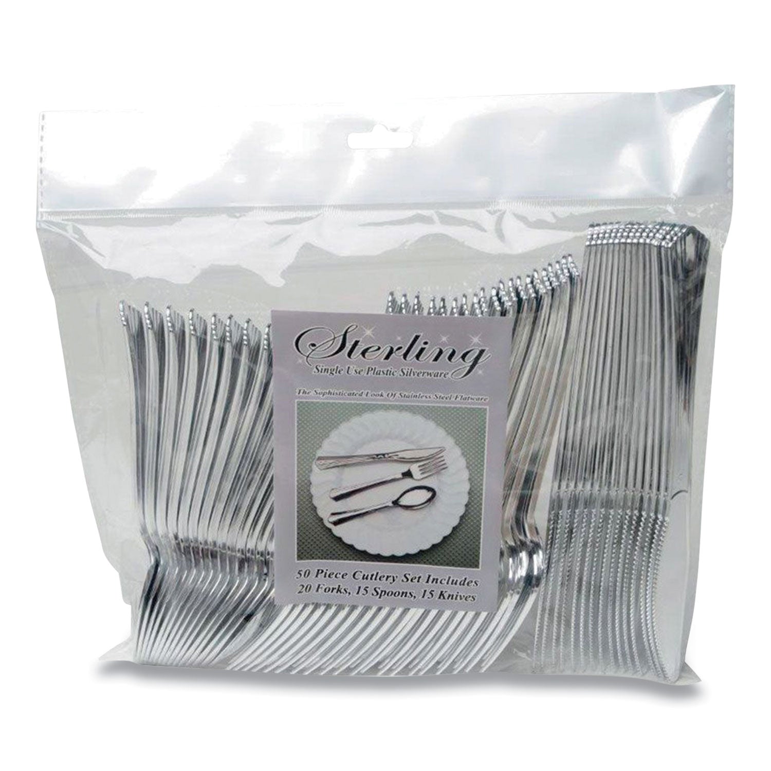 Sterling Assorted Plastic Cutlery, Mediumweight, Silver, 20 Forks, 15 Knives, 15 Spoons/Pack