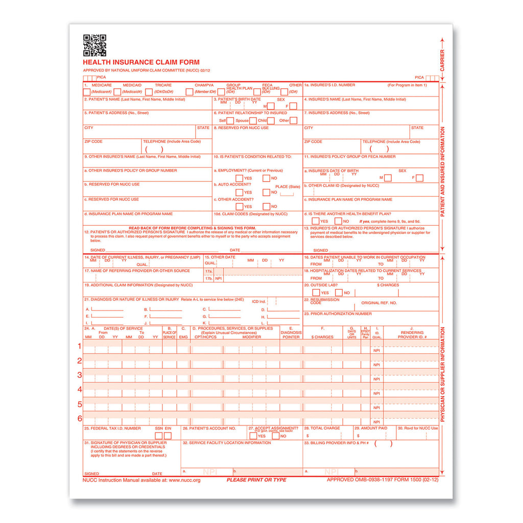 CMS-1500 Health Insurance Claim Form, One-Part (No Copies), 8.5 x 11, 1,000 Forms Total