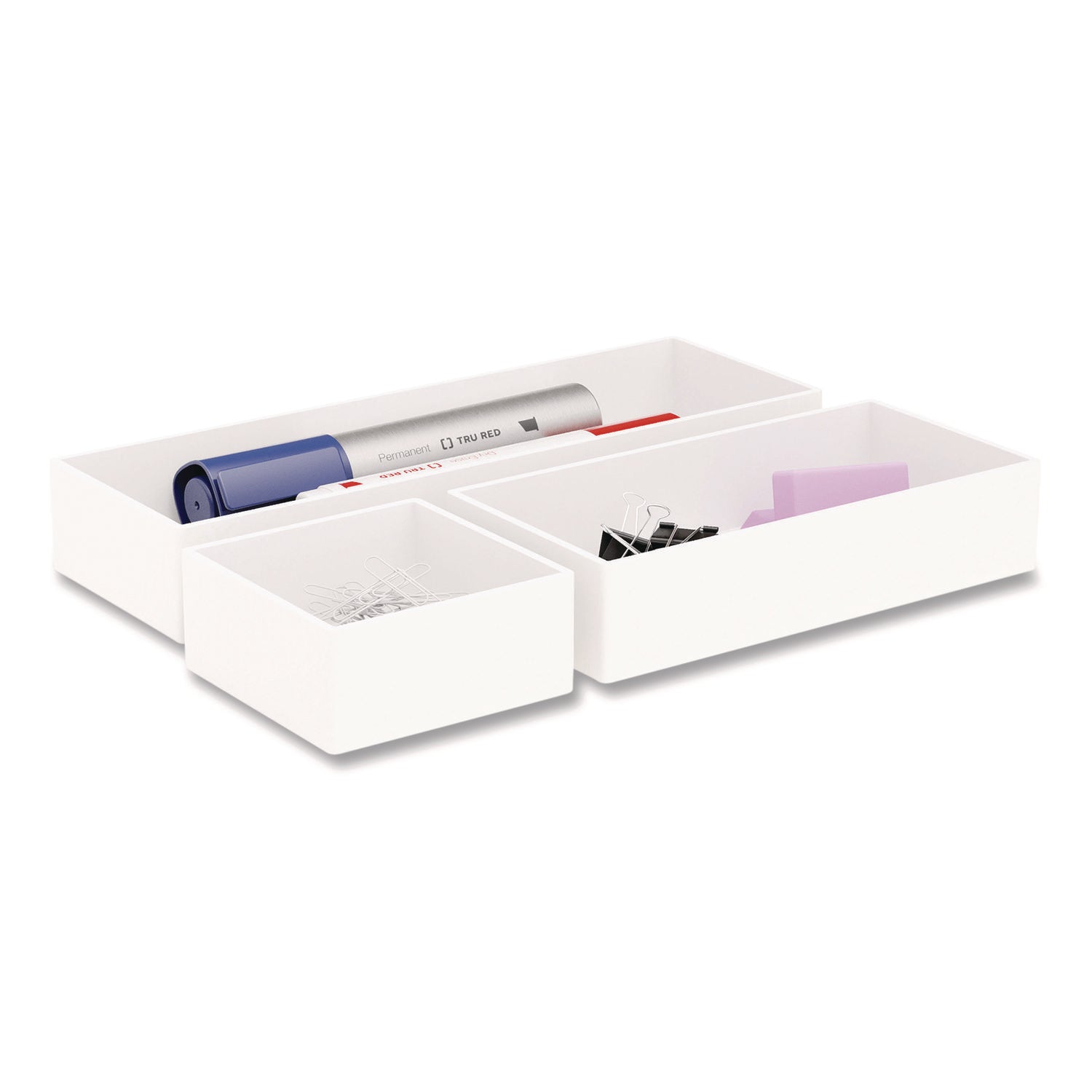 Three-Piece Plastic Drawer Organizer, 3.23 x 3.23 x 1.47, 6.26 x 3.23 x 1.47, 9.5 x 3.23 x 1.47, White, 3/Set