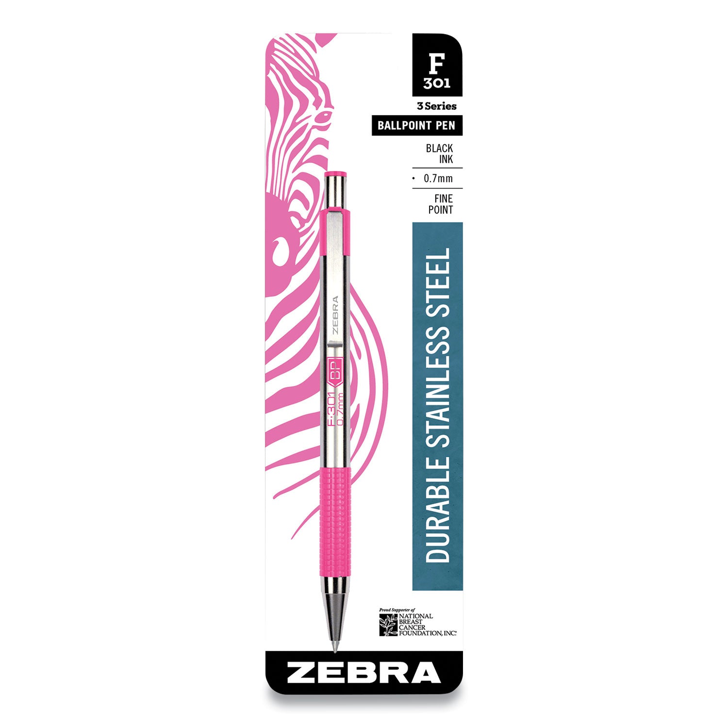 F-301 Ballpoint Pen, Retractable, Fine 0.7 mm, Black Ink, Stainless Steel/Pink Barrel - 