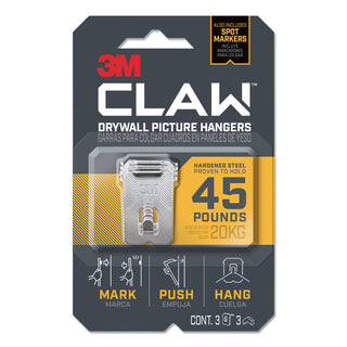 claw-drywall-picture-hanger-stainless-steel-45-lb-capacity-3-hooks-and-3-spot-markers_mmm3ph45m3es - 1