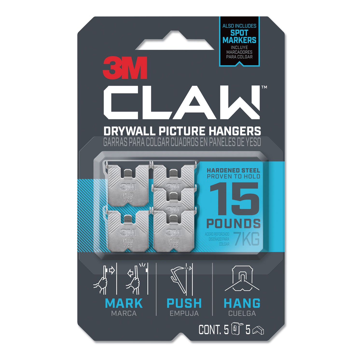 claw-drywall-picture-hanger-stainless-steel-15-lb-capacity-5-hooks-and-5-spot-markers_mmm3ph15m5es - 1