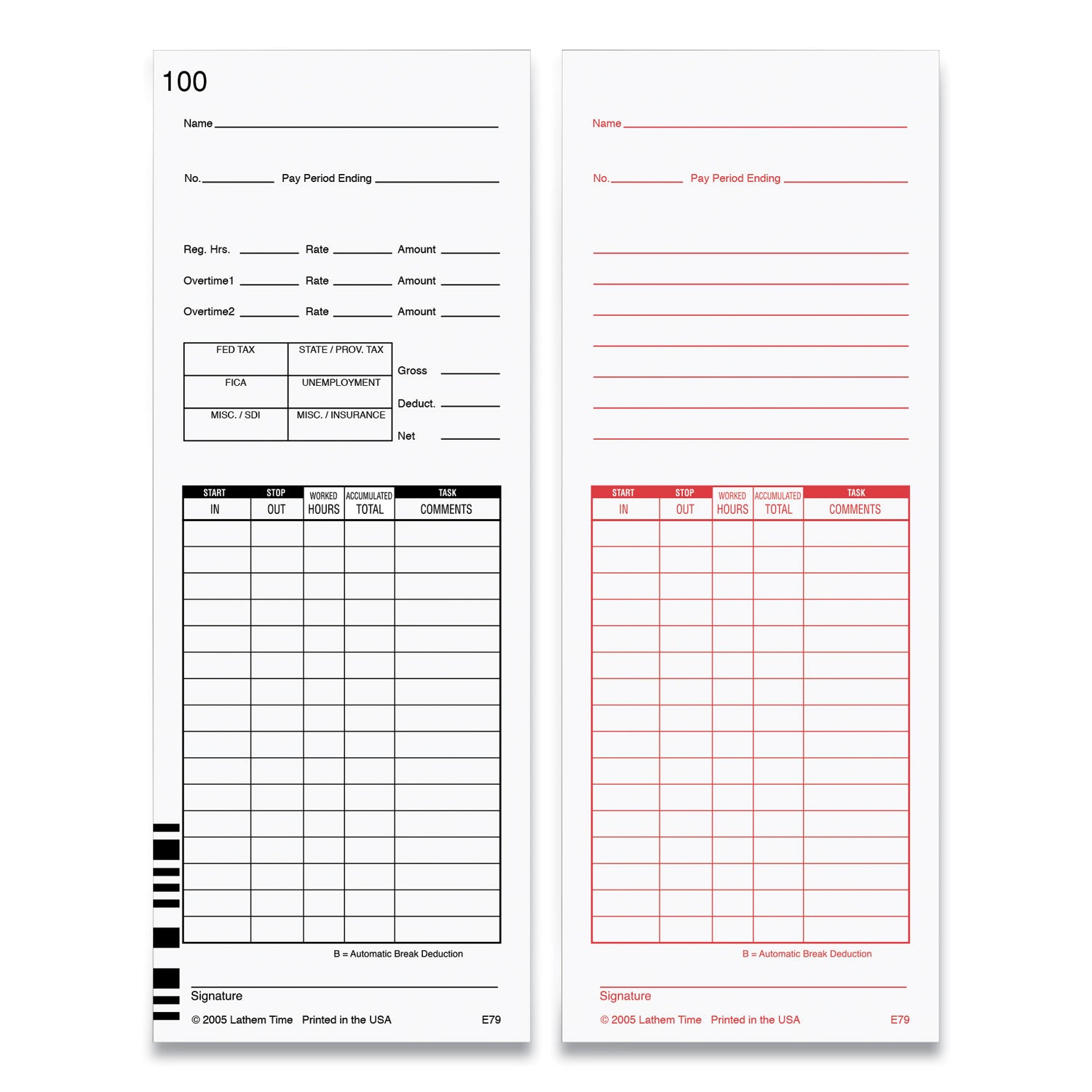 Time Clock Cards for Lathem Time 7000E/7500E, Two Sides, 3.38 x 8.78, 100/Pack