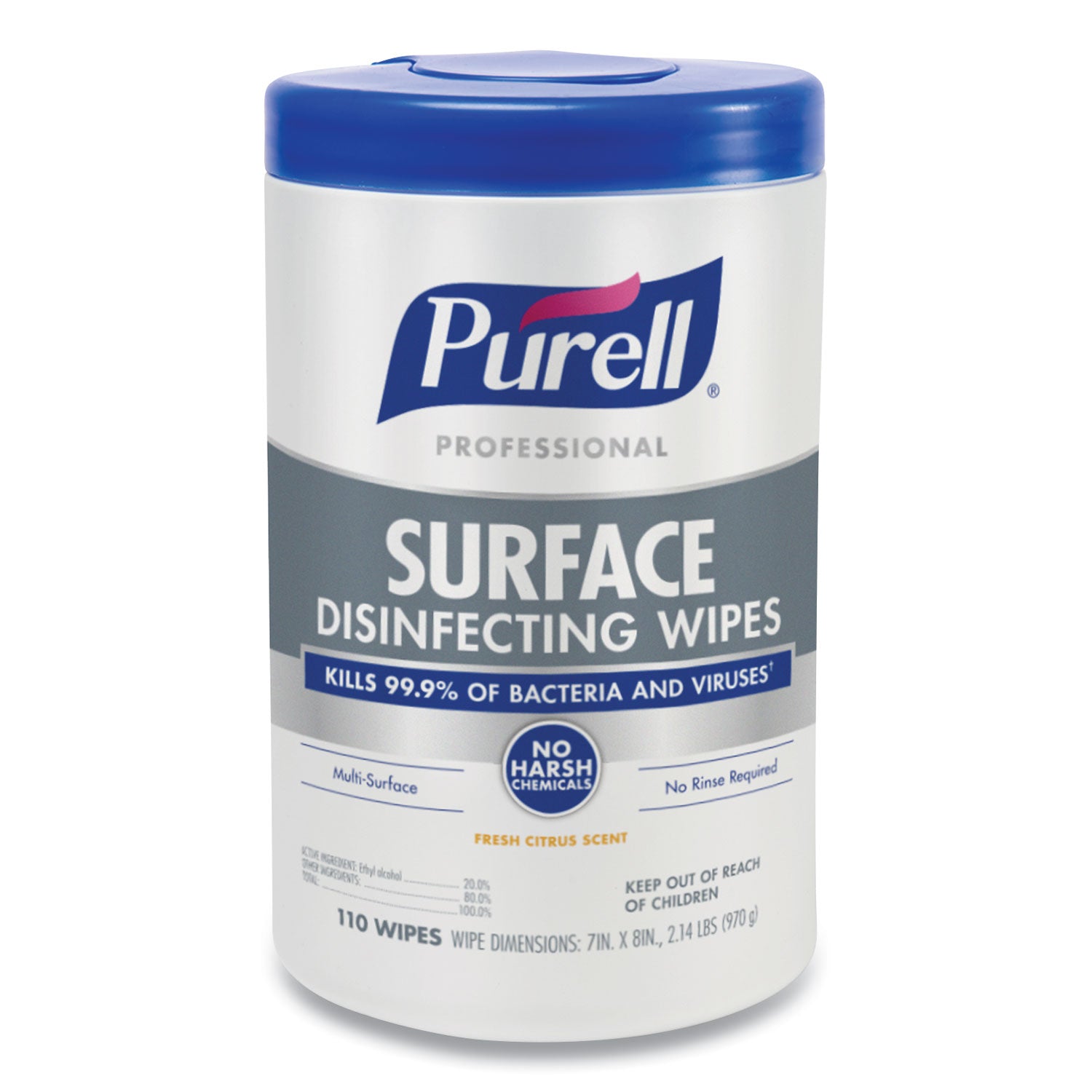Professional Surface Disinfecting Wipes, 1-Ply, 7 x 8, Fresh Citrus, White, 110/Canister, 6 Canisters/Carton