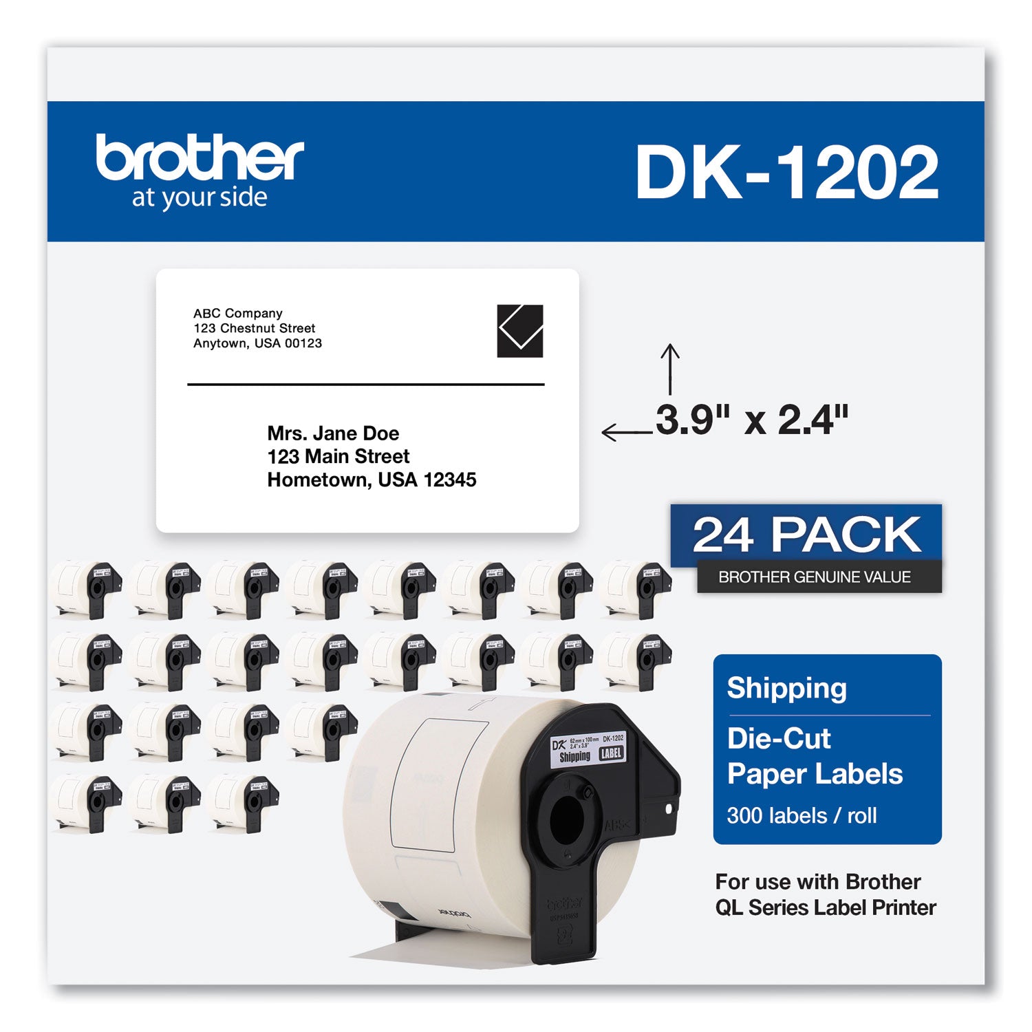 Die-Cut Shipping Labels, 2.4 x 3.9, White, 300 Labels/Roll, 24 Rolls/Pack