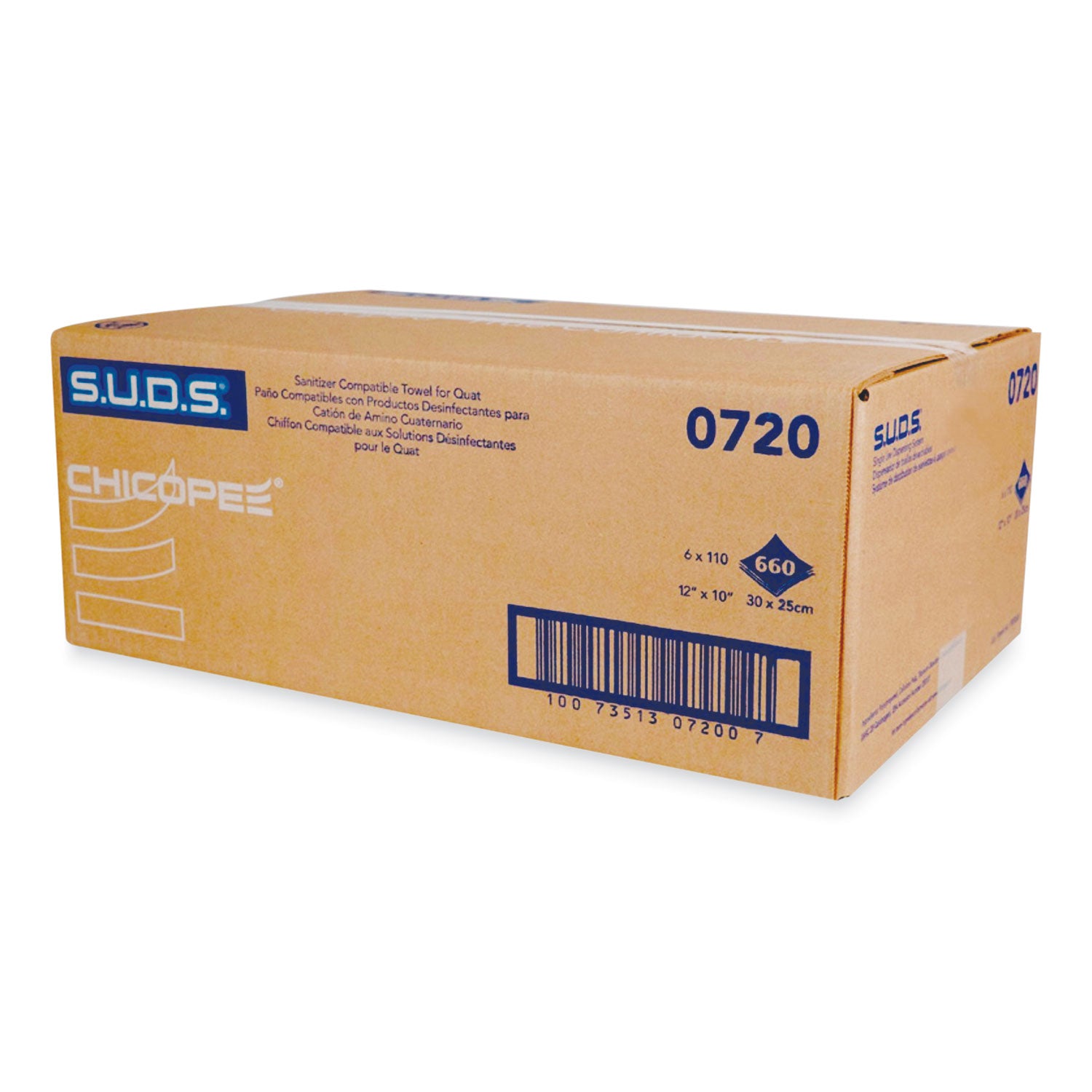 S.U.D.S. Single Use Dispensing System Towels For Quat, 1-Ply, 10 x 12, Unscented, White, 110/Roll, 6 Rolls/Carton