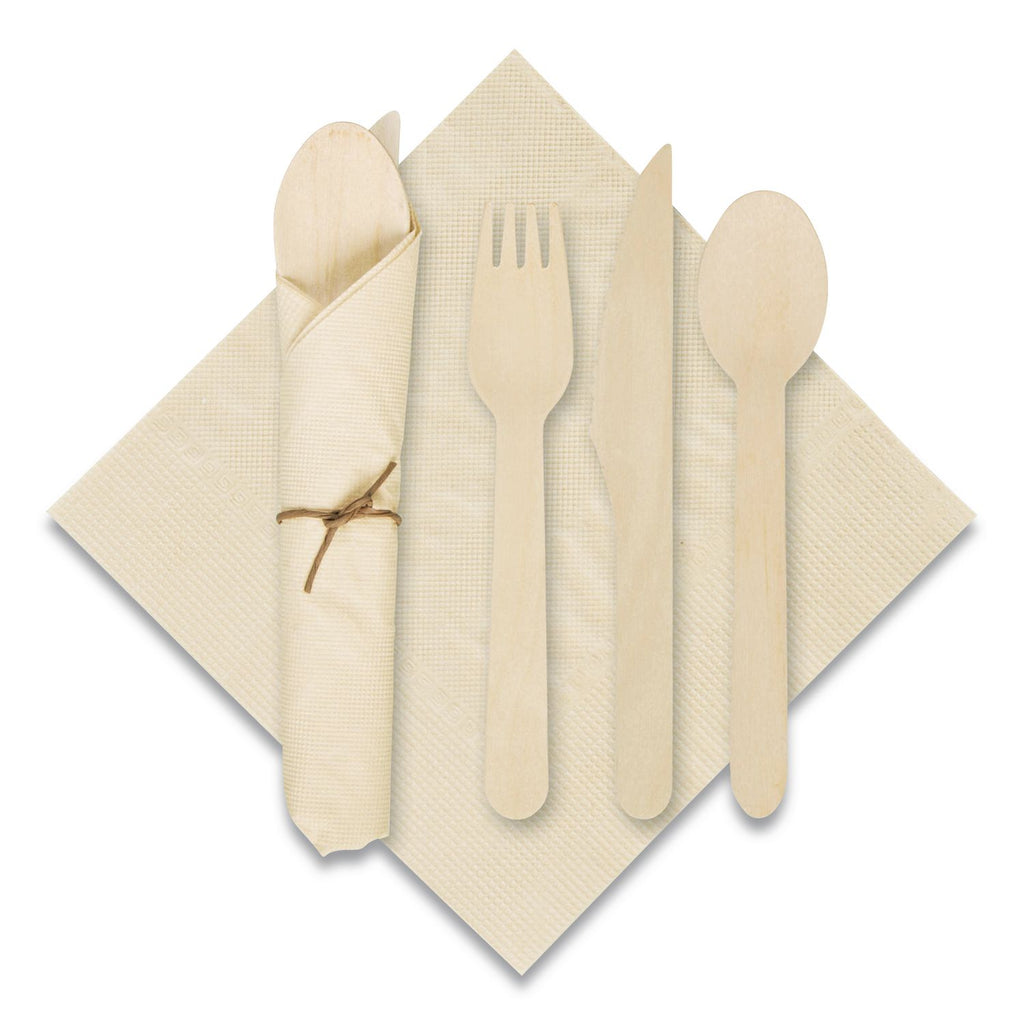 Pre-Rolled Caterwrap Kraft Napkins with Wood Cutlery, 6 x 12 Napkin;Fork;Knife;Spoon, 7" to 9", Kraft, 100/Carton