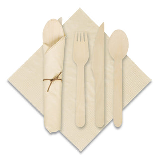 Pre-Rolled Caterwrap Kraft Napkins with Wood Cutlery, 6 x 12 Napkin;Fork;Knife;Spoon, 7" to 9", Kraft, 100/Carton
